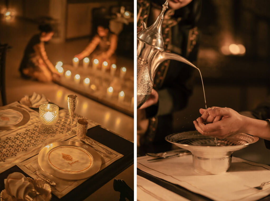 Jamavar Jaipur: Crafting Timeless Luxury Through Indian Culinary Art 11 A photograph of candles being lit and one of the hand washing ritual