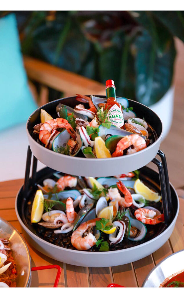 Plates filled with freshly prepared seafoods