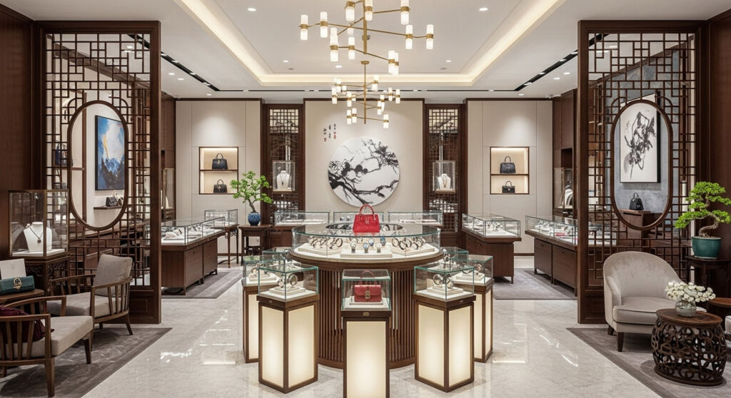 The interior of a luxury jewellery boutique in Shanghai