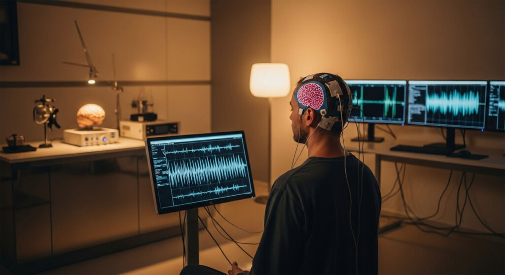 Deep Meditation, Deeper Brain: A New Frontier in Emotional Health 10 A man having his brain waves monitored in a laboratory setting