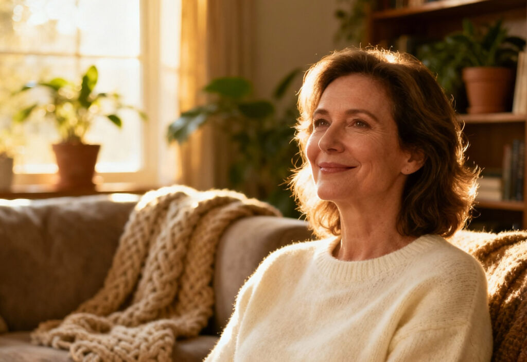 Beyond Labels: How Emotional Intelligence Can Neutralise Name-Calling 9 A relaxed smiling woman sitting on her sofa in her home