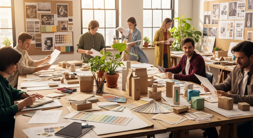 Designers working with paper in a busy office