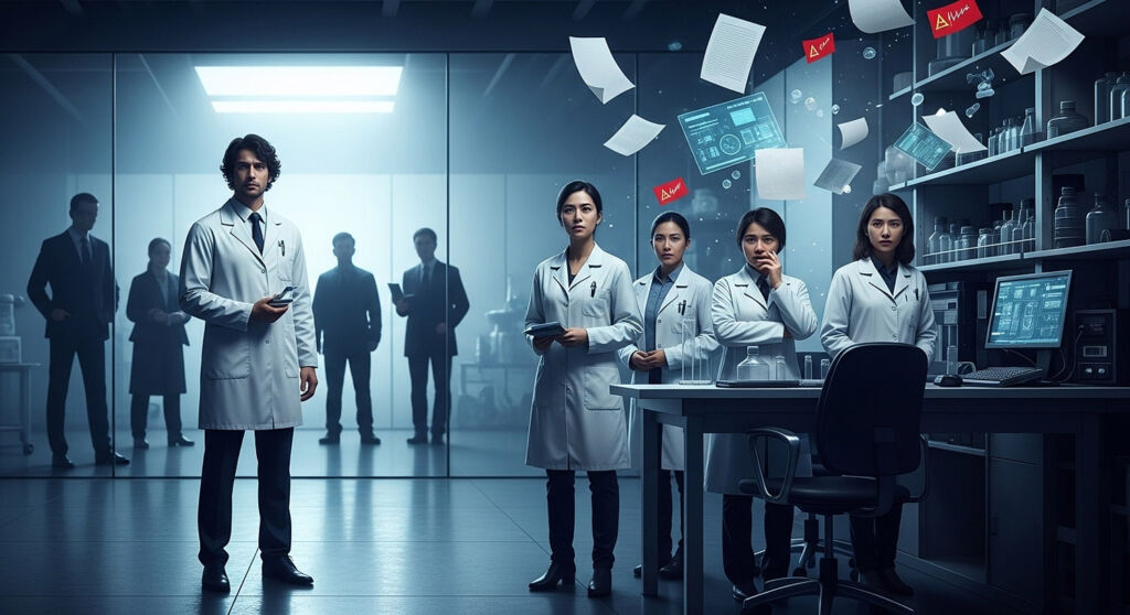 Researchers in a laboratory anxiously awaiting the results from an experiment