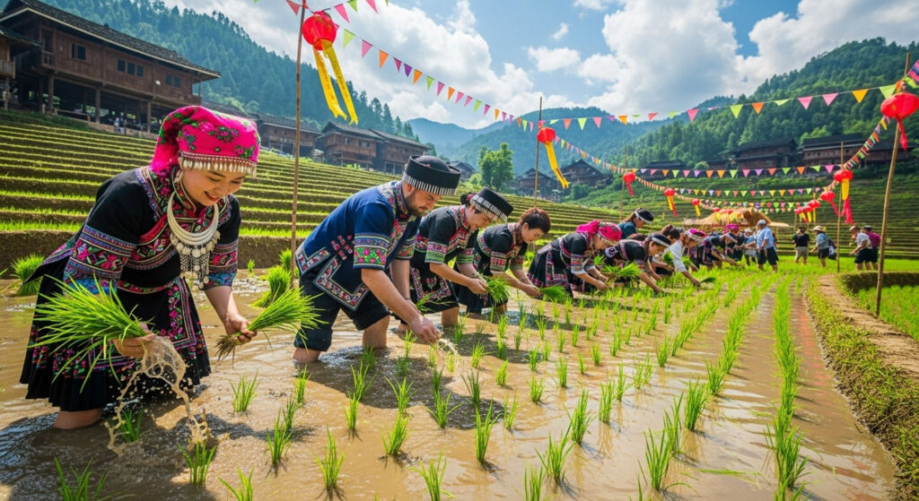 Locals and tourists having fun at a rice planting festival