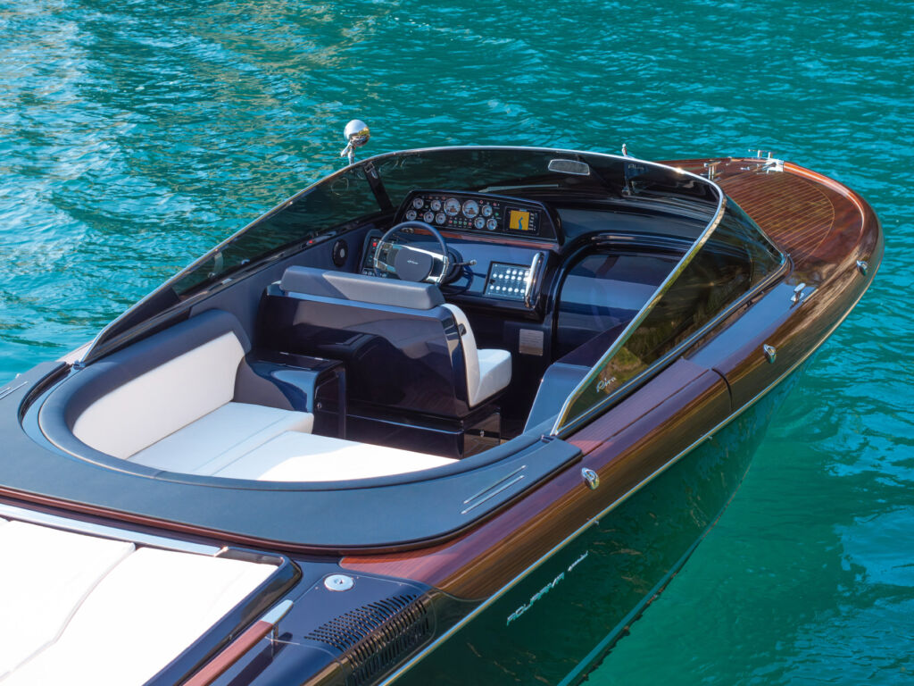 An elevated view of the seating inside the boat