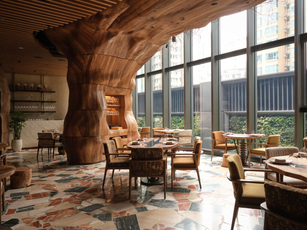 The seating inside the uniquely designed restaurant