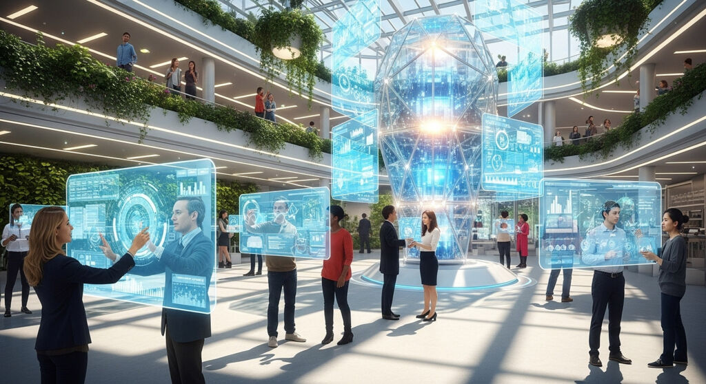 A futuristic image showing a transparent, non-influenced room where scientific findings are being shared and reviewed