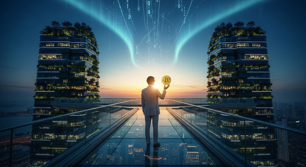 Decoding the Wealthy Mindset: Insights from the Altiant GLAM Q3 2025 Study 9 A man holding a bitcoin standing on a skybridge in Singapore