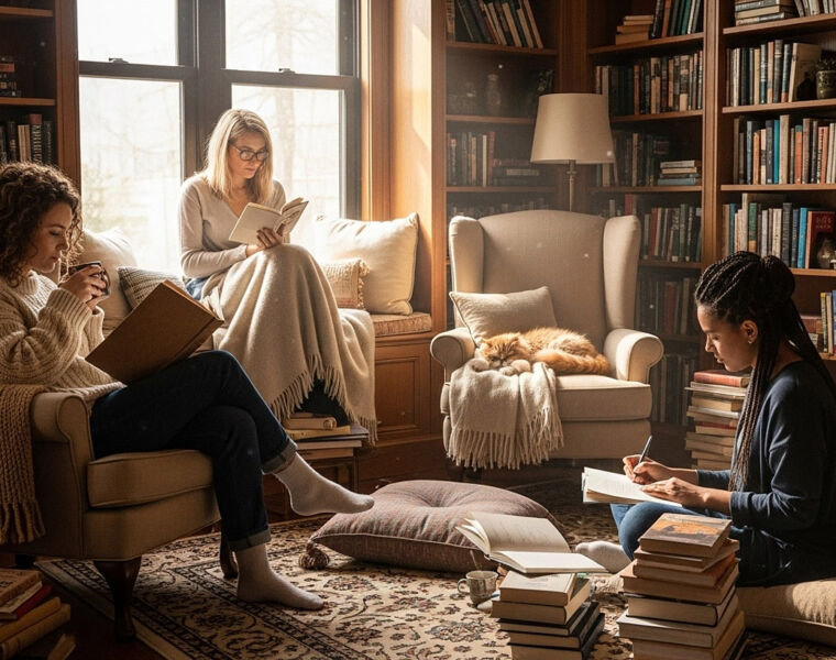 Celebrating Women’s Writing with the 2026 Women’s Prize Judges 94 Three women reading books in a home library