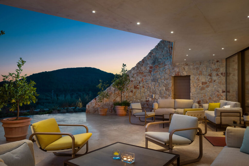 The seating on the terrace at sunset