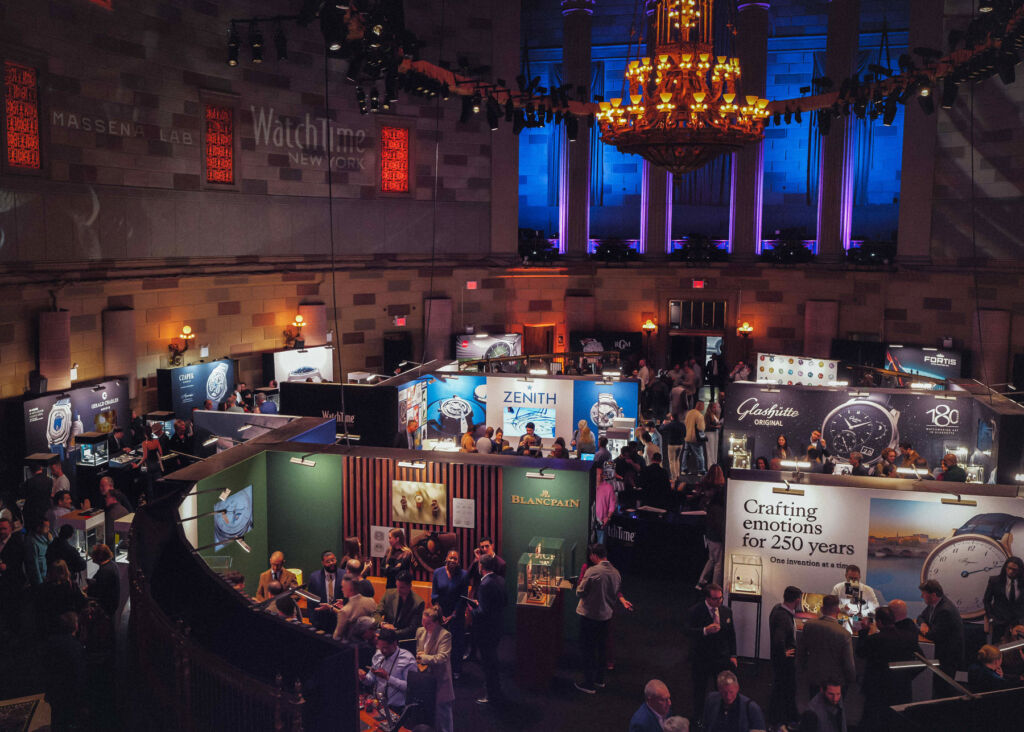 An elevated view of some of the exhibitors stands