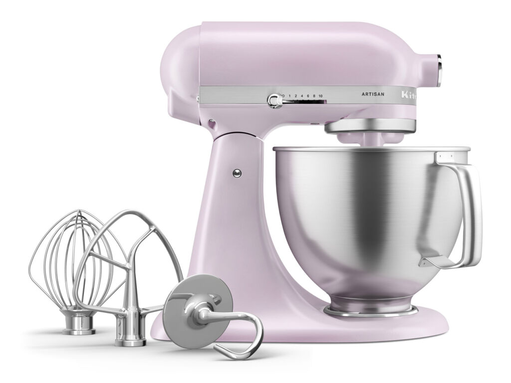 KitchenAid's Artisan Stand Mixer Blossoms Anew with Fresh Wildflower Hue 5 A side view of the mixer with its attachments
