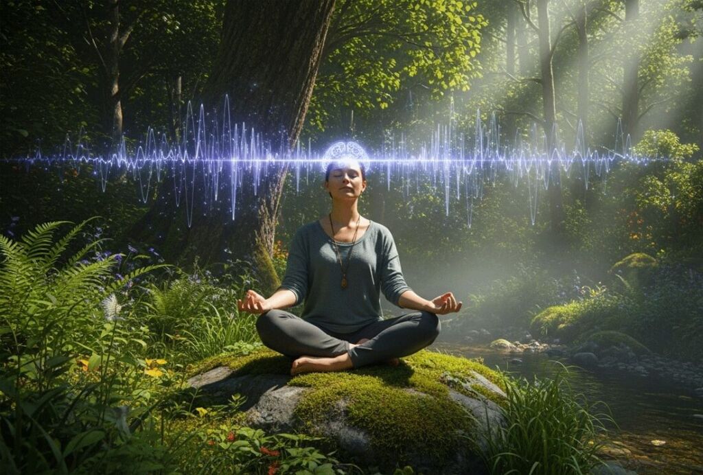 Deep Meditation, Deeper Brain: A New Frontier in Emotional Health 8 A woman meditating in a serene forest setting