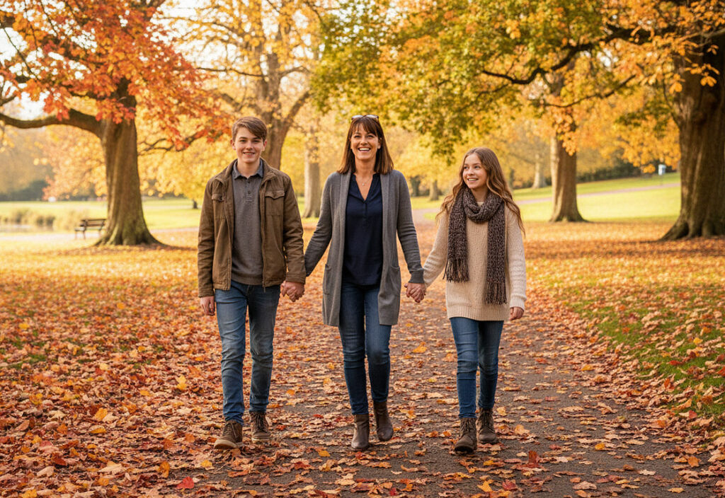 A woman walking in a park in the Autumn with her teenage children