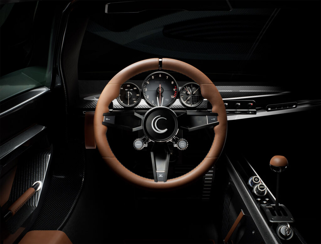 A rendering showing the dashboard and driving position