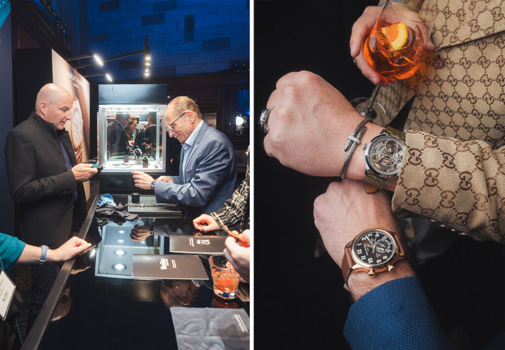 A guest trying on a watch at a stand and a photograph of attendees comparing their timepieces
