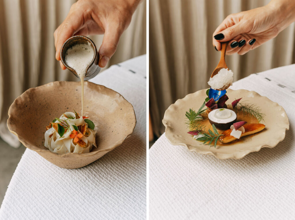 Two photographs showing a sauce being poured over a dish and a diner sampling a dish