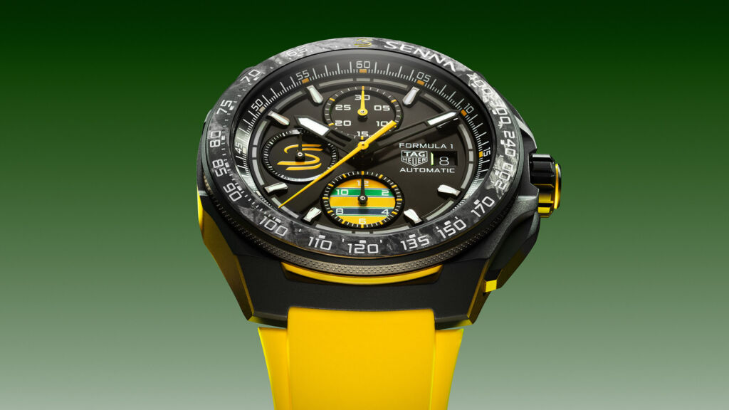 Designed to Win: The New TAG Heuer Ayrton Senna Special Edition Watches 9 A closeup view of the dial on the 44mm model and its bright yellow strap