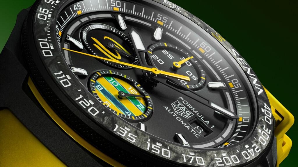 Designed to Win: The New TAG Heuer Ayrton Senna Special Edition Watches 10 A macro view of the dial showing it bright yellow accents