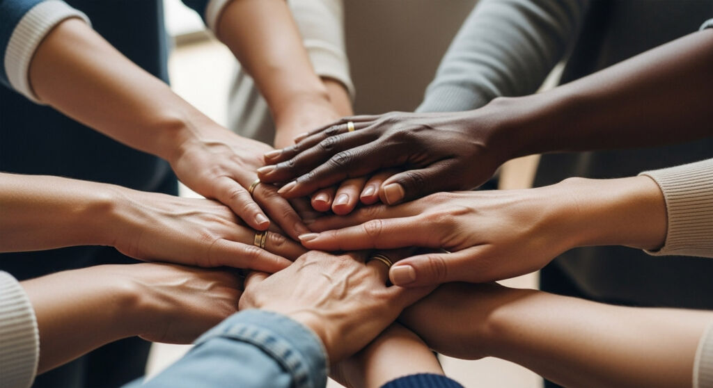 Building Connection and Pride: How Social Capital Transforms Communities 7 A photograph showing a community touching hands to show a coming together