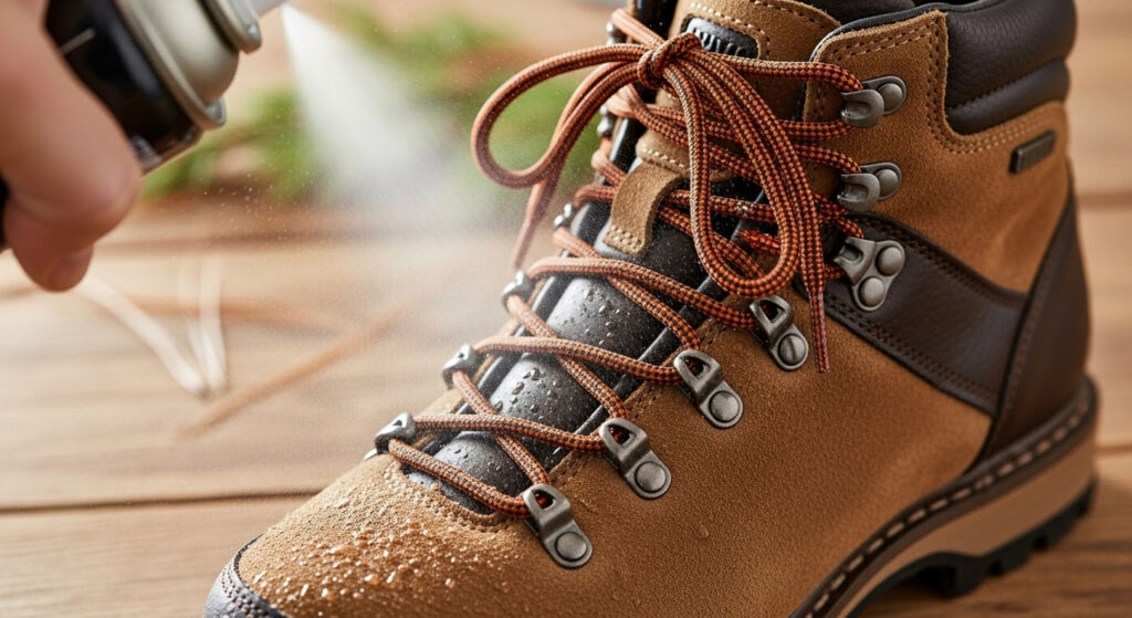 Healthy Feet, Happy Winter: Top Tips to Keep Your Feet Comfortable This Season 6 A tan coloured suede hiking boot being treated with a waterproofing spray