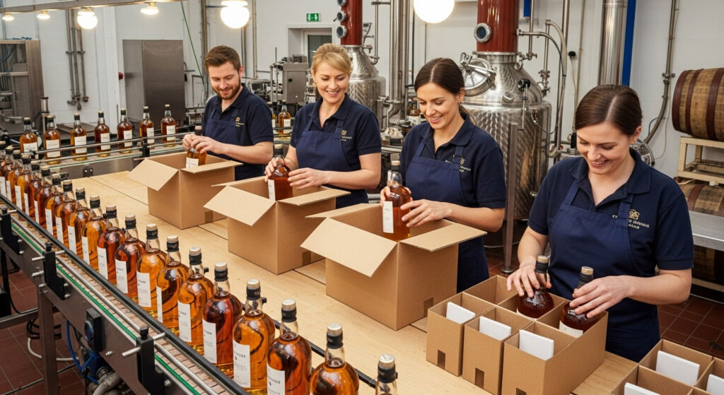 Workers placing bottles into cardboard boxes on the production line