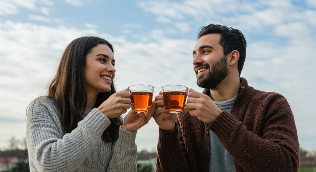 A couple toasting each other with a cuppa