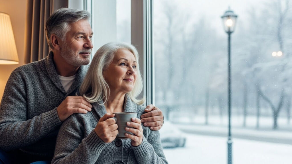 An older couple watching the snow falling outside from the warmth of their living room